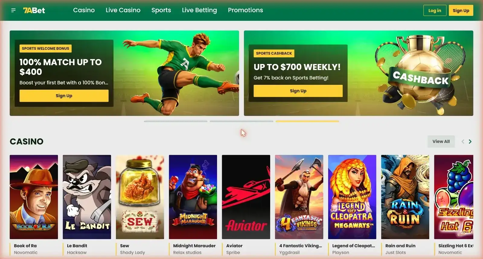 7abet homepage showing the sportsbook and welcome offer banner