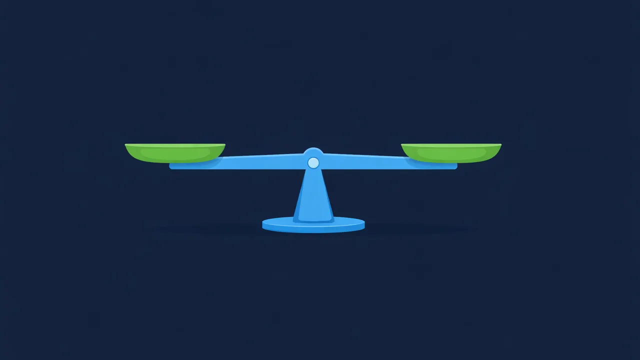 An abstract balance scale with two empty, level pans on a dark background