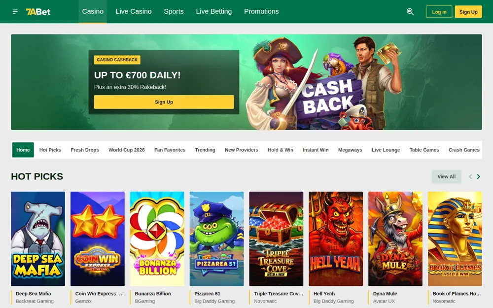 ล็อบบี้คาสิโน 7abet พร้อมชั้นเกม Hot Picks และแบนเนอร์คืนยอดเสีย
