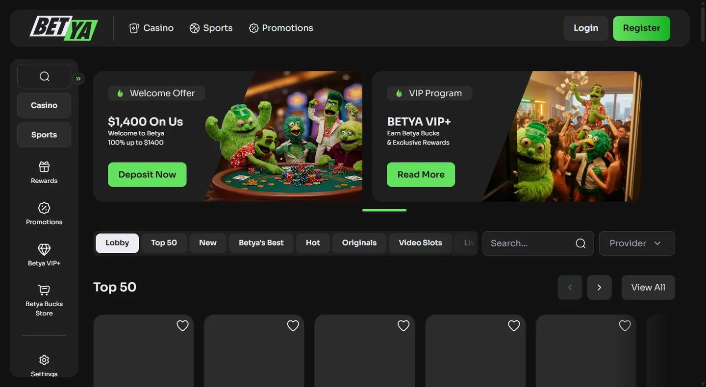 Page d'accueil du casino Betya avec son thème de mascotte verte et l'offre de bienvenue de 1 400 $