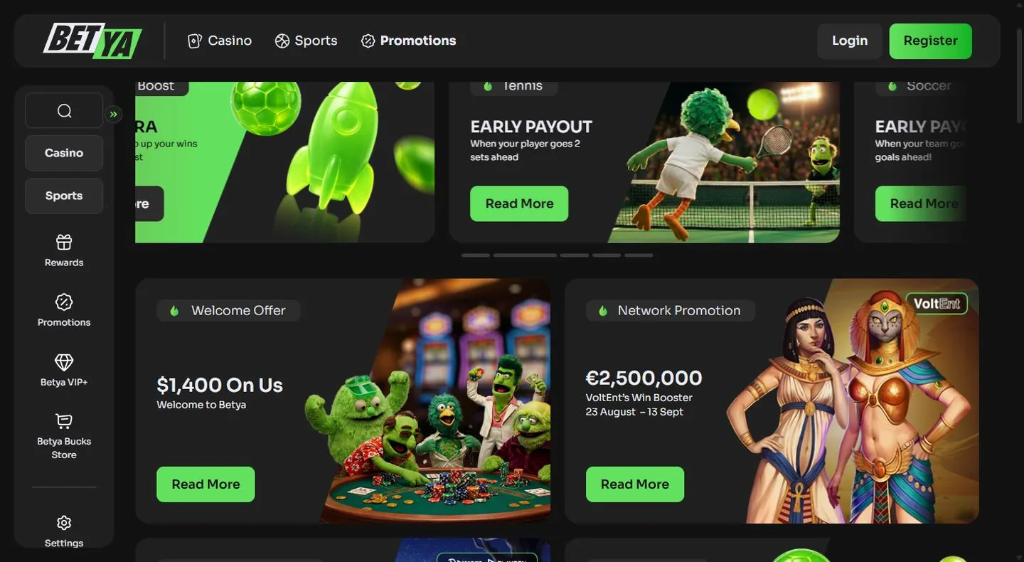 Page des promotions de Betya montrant l'offre de bienvenue et les promotions sportives