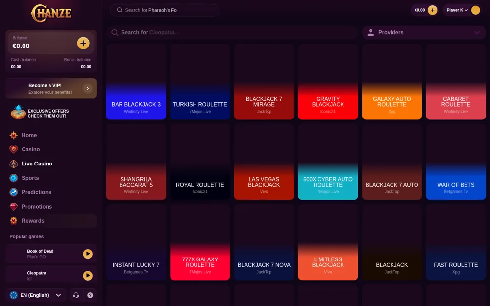 Casino ao vivo do Chanze com mesas de roleta e blackjack da 7Mojos e da Winfinity