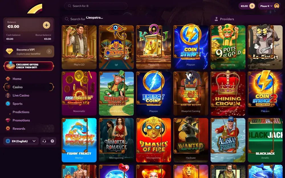 Lobby do casino Chanze com slots populares, incluindo Book of Dead e Cleopatra