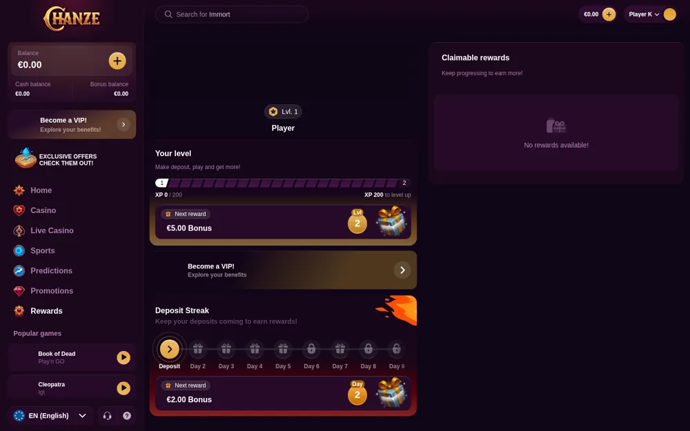Página de recompensas do Chanze com níveis XP e o Deposit Streak diário