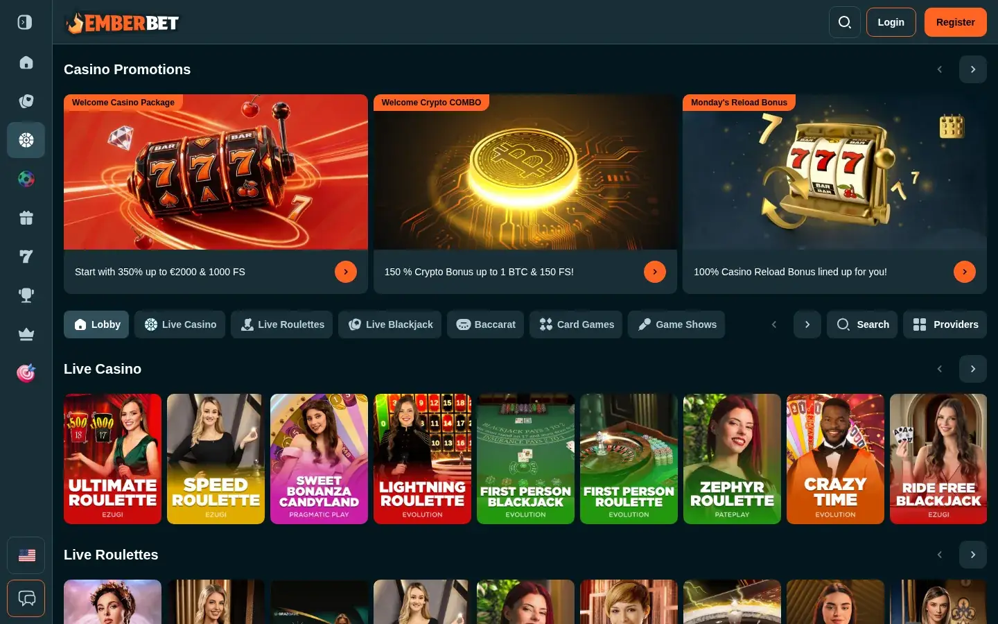 The EmberBet live casino lobby with Evolution, Ezugi and Pragmatic Play tables