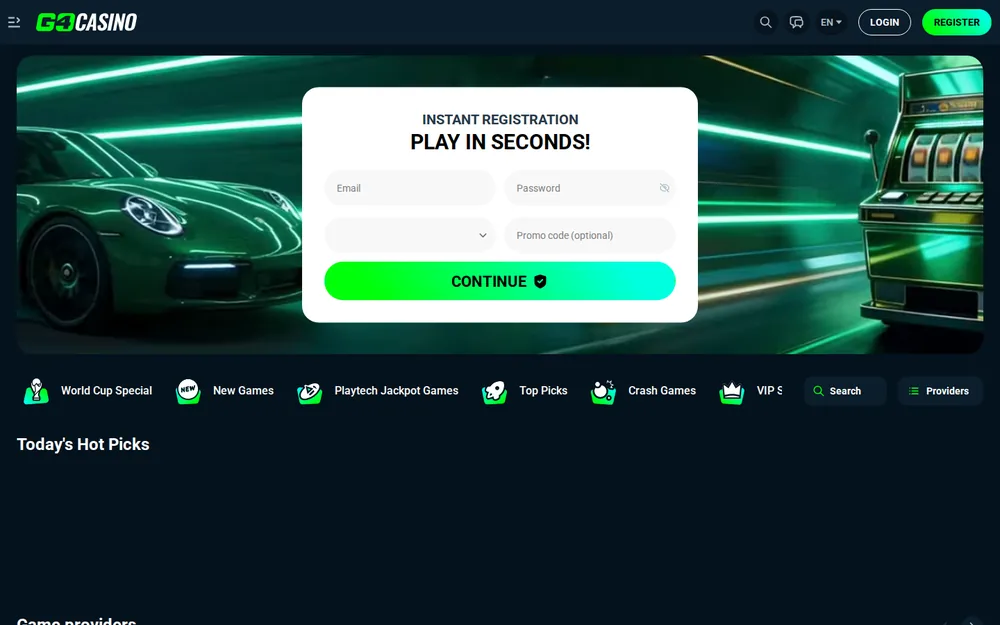 Go4Casino Startseite mit Sofort-Registrierungsformular und Spielkategorien