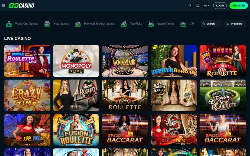 Go4Casino Live-Casino-Lobby mit Crazy Time und Monopoly Live