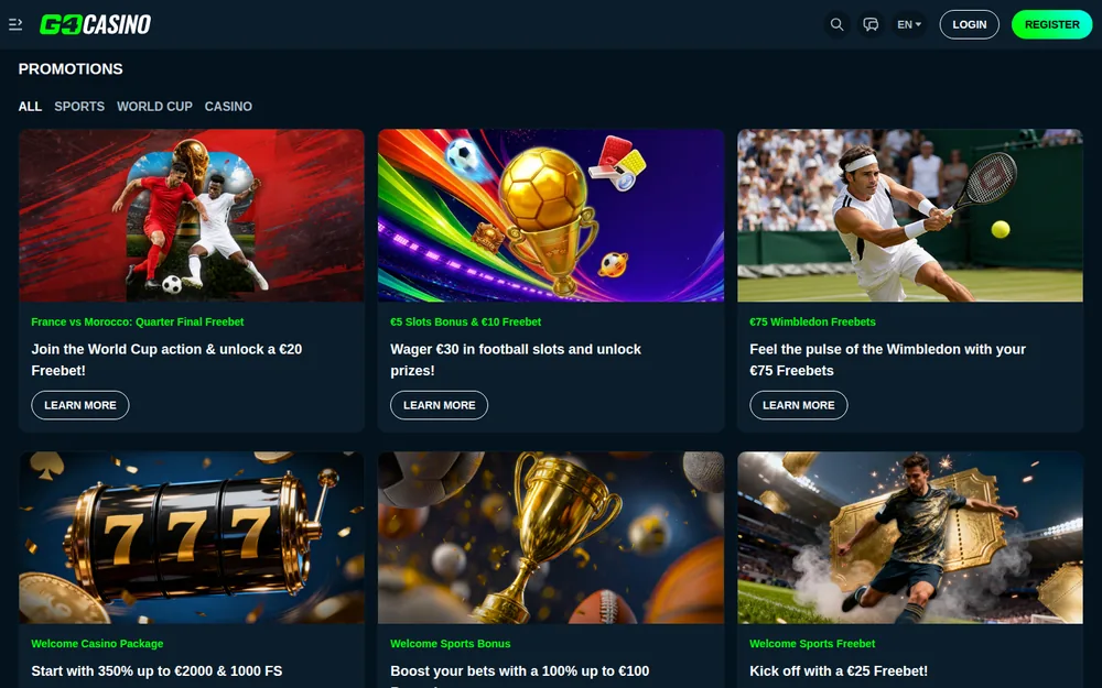 Go4Casino Aktionsseite mit 350% Willkommenspaket und Sport-Gratiswetten