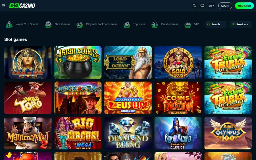 Go4Casino Slots-Lobby mit Book of Ra Magic und Rise of Olympus 100