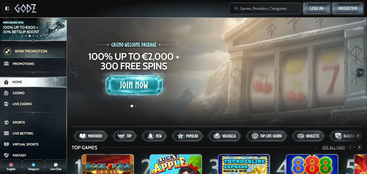 Godz' forside med nordisk gudetema og velkomstpakken på 100 % op til 2.000 €