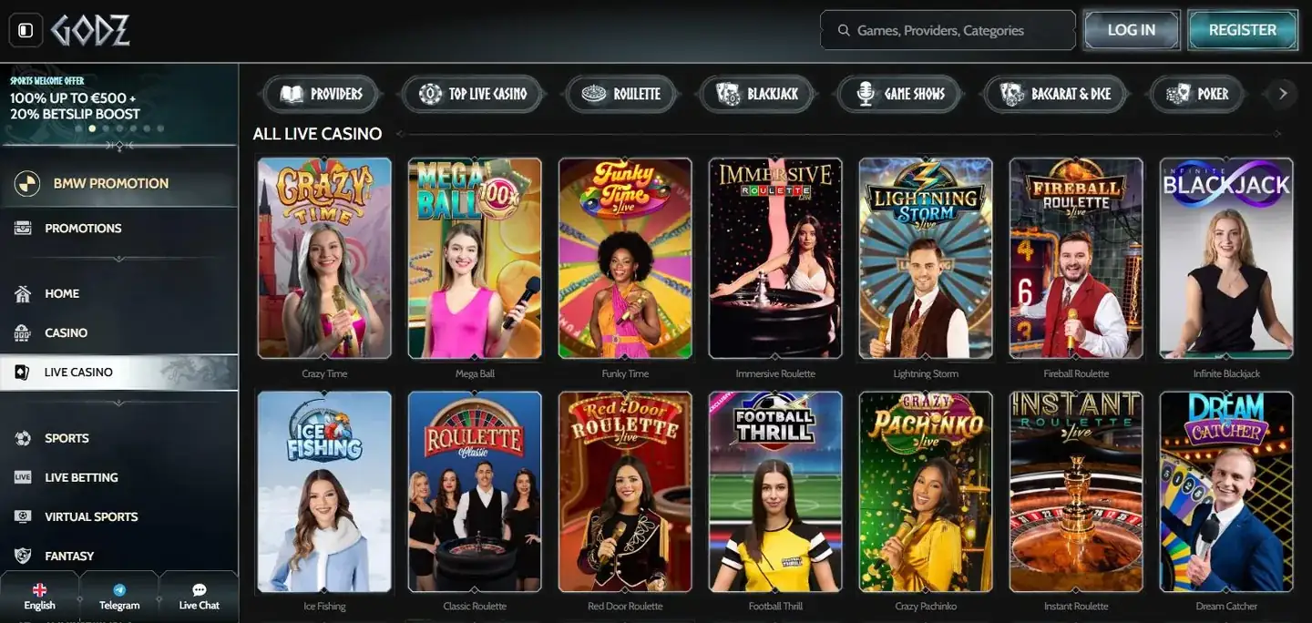 Godz live casino med Evolution-borde, blandt andet Crazy Time og Immersive Roulette