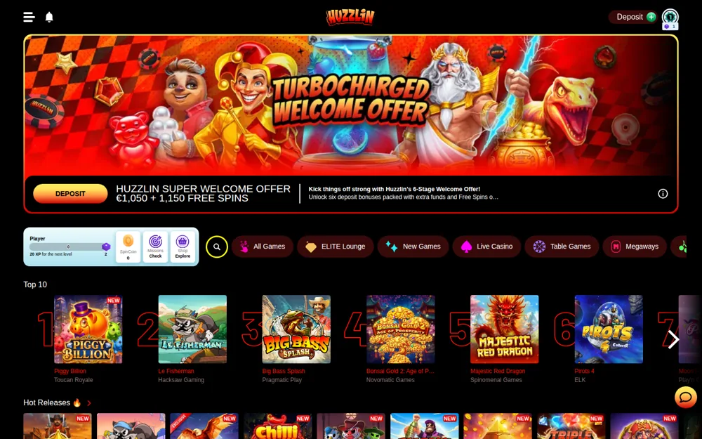 Huzzlin Casino Startseite mit dem Banner des Turbocharged-Willkommensangebots und den Top-10-Spielen