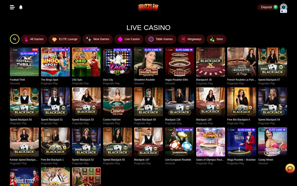 Huzzlin Live-Casino-Lobby mit Tischen von Pragmatic Play Live