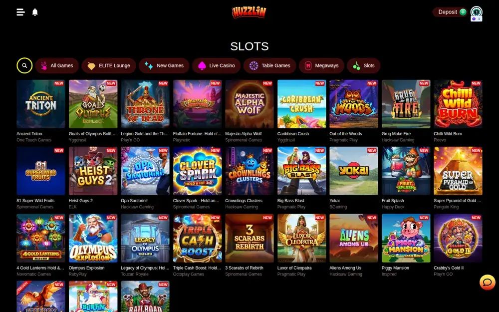 Huzzlin Slots-Lobby mit neuen Veröffentlichungen von Hacksaw, ELK, Novomatic und Octoplay