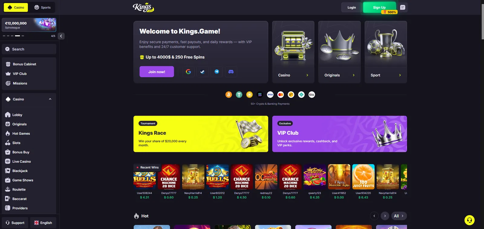 Kings.Game homepage with the welcome offer, crypto and banking payment strip and the Casino, Originals and Sport cards