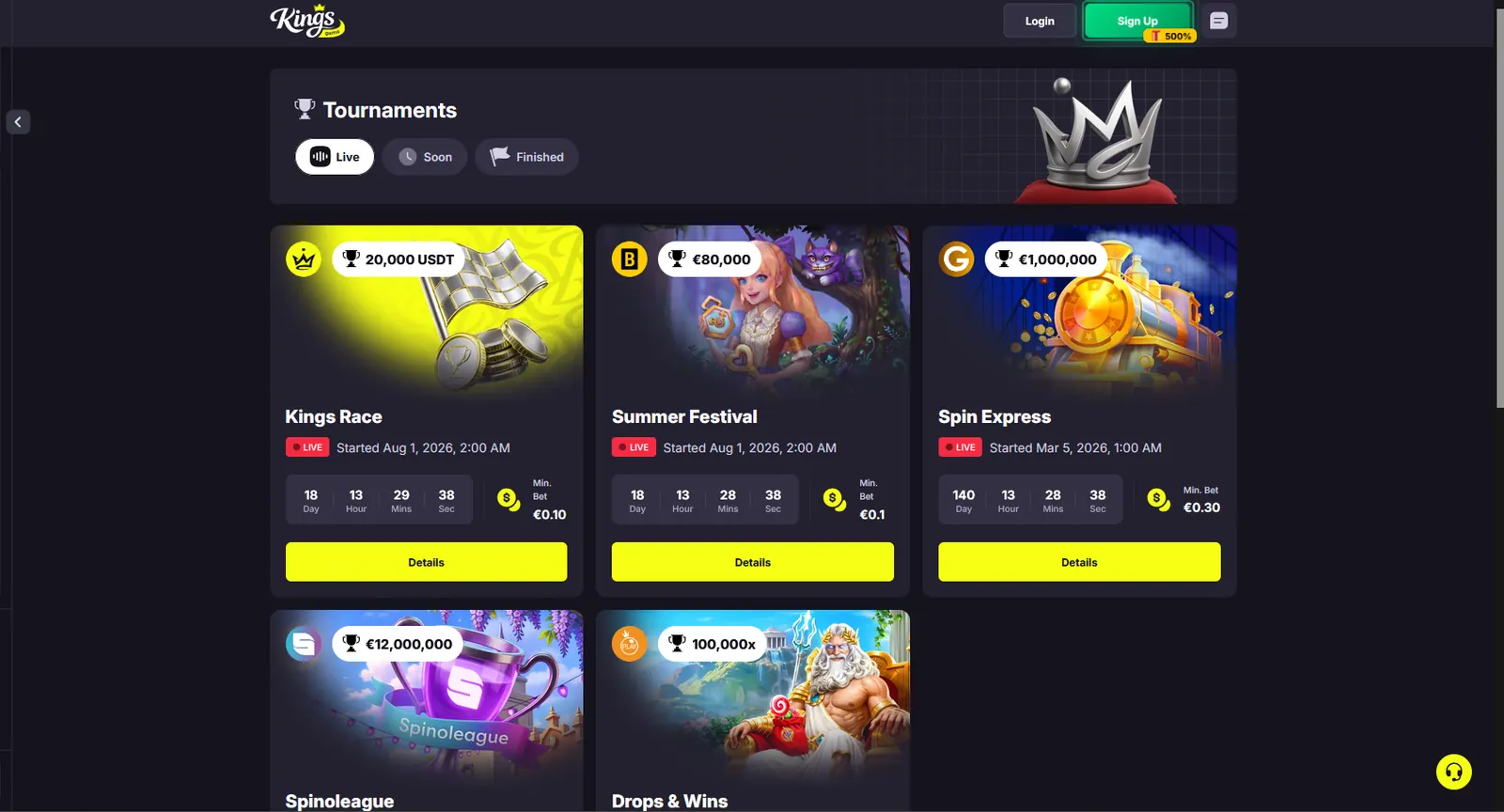 The Kings.Game tournaments page with Kings Race, Summer Festival, Spin Express and Spinoleague prize pools