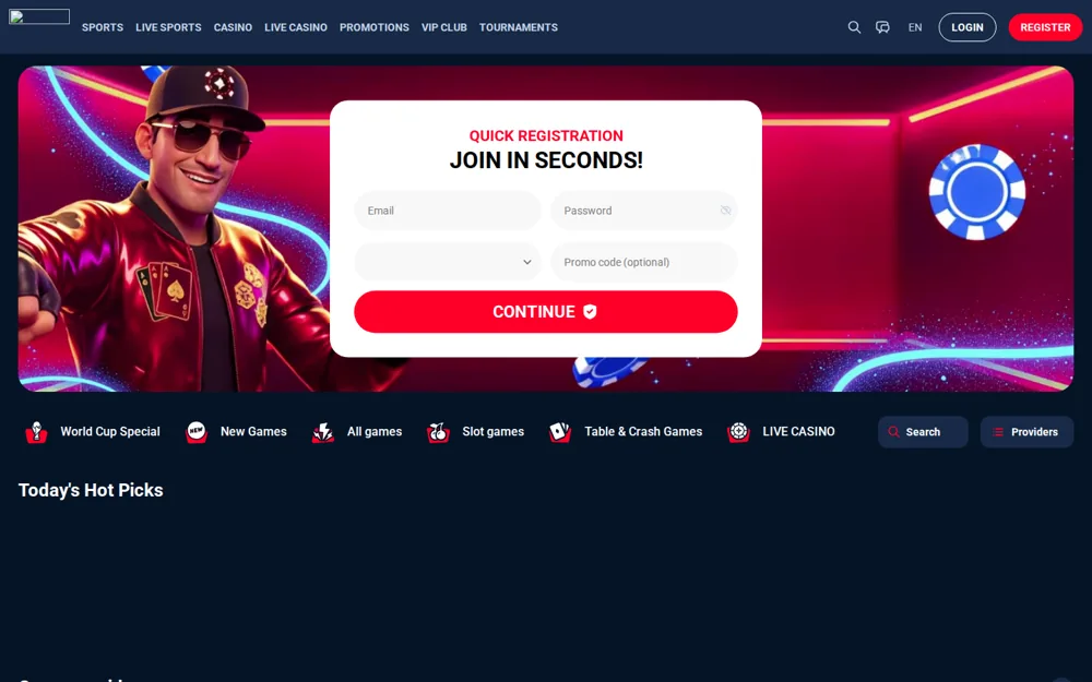 Startpagina van KudosBet met de snelle-registratiehero en de categorienavigatie