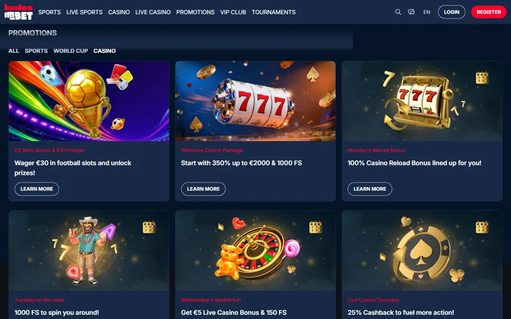 Promotiepagina van KudosBet met het welkomstpakket en de wekelijkse kalender