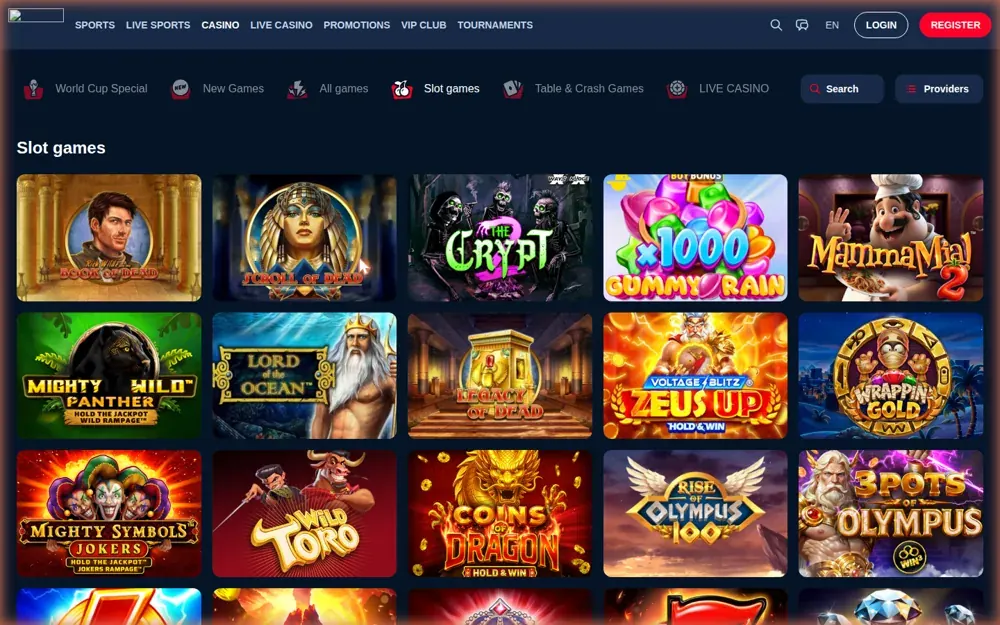 KudosBet slotlobby met Book of Dead, The Crypt 2 en Mamma Mia 2