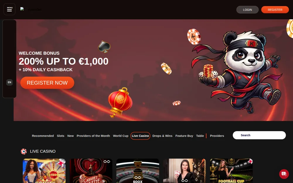 KumoBet Live-Casino-Bereich mit Tischen von Winfinity und Iconic 21