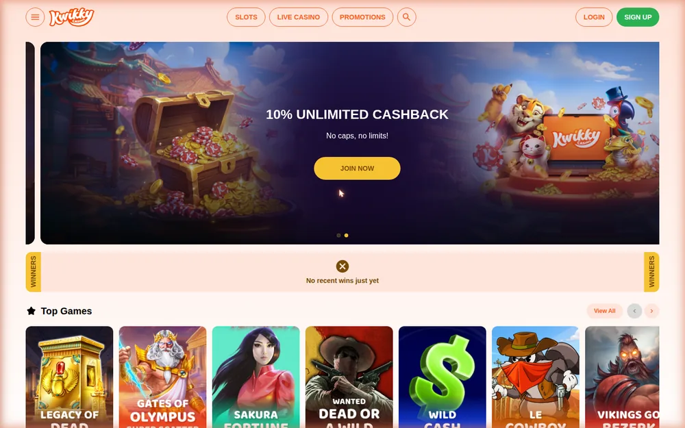 Kwikky Casino Startseite mit dem Banner für 10% unbegrenztes Cashback