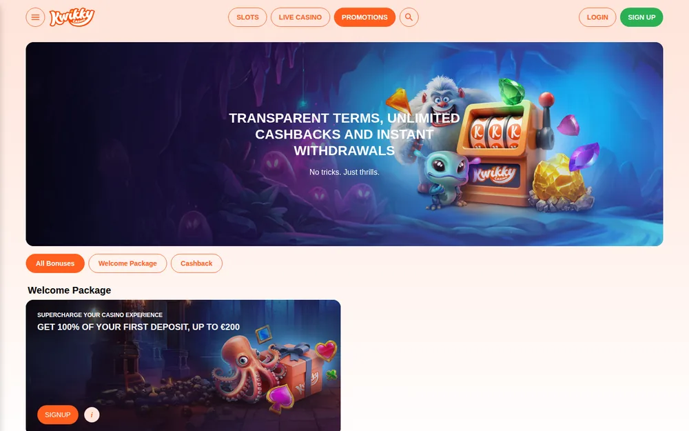 Kwikky Casino Aktionsseite mit dem Willkommenspaket und den Cashback-Angeboten