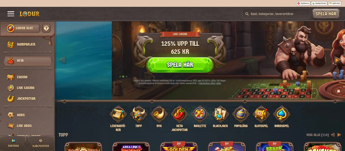 Lodur Casinos startsida med sitt nordiska vikingatema och en karusell med välkomstbonusar
