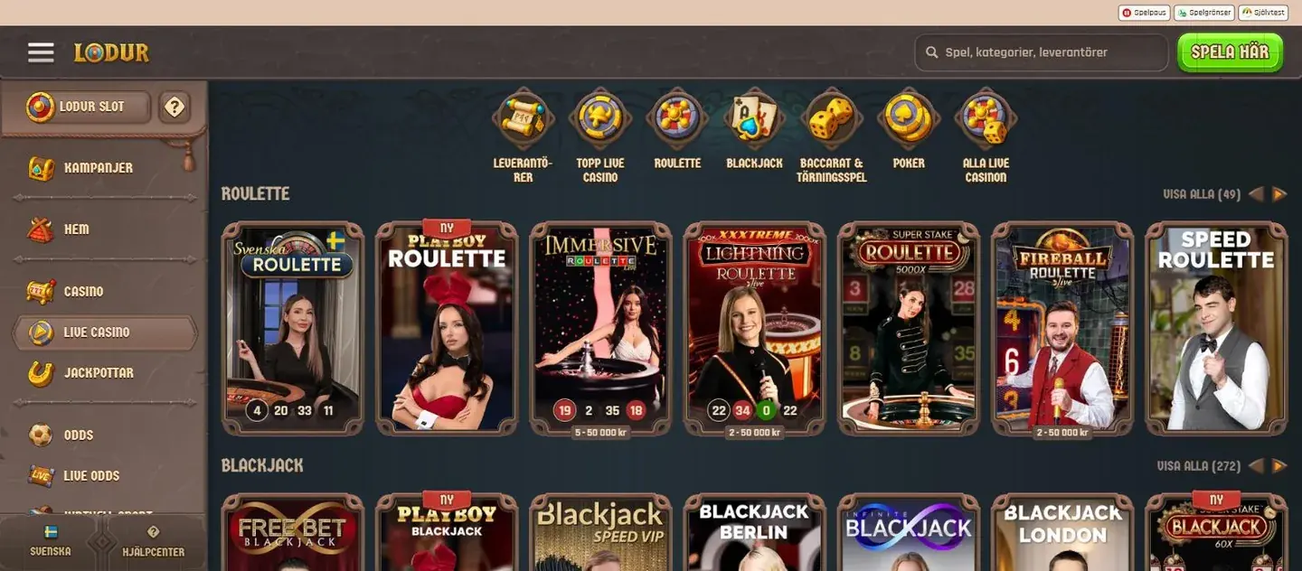 Lodurs livecasino med Evolution-bord, inklusive en svenskspråkig roulette
