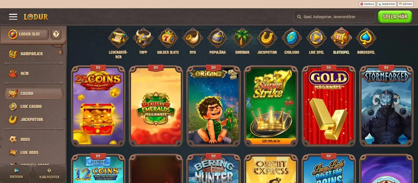 Lodurs slotlobby med aktuella titlar och kategoriflikar