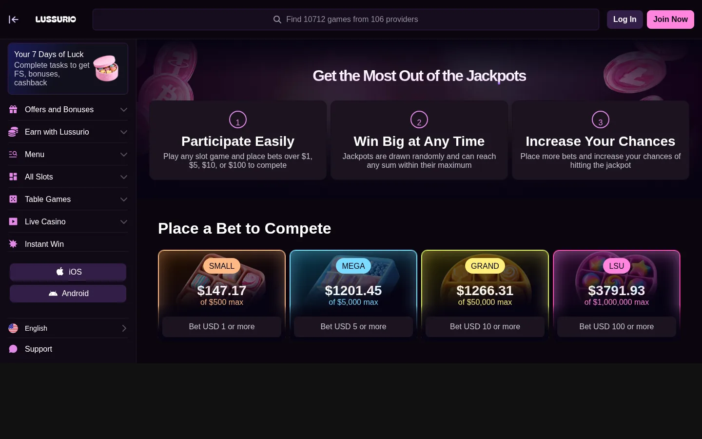 Lussurio's jackpot page with four jackpot tiers and their bet thresholds