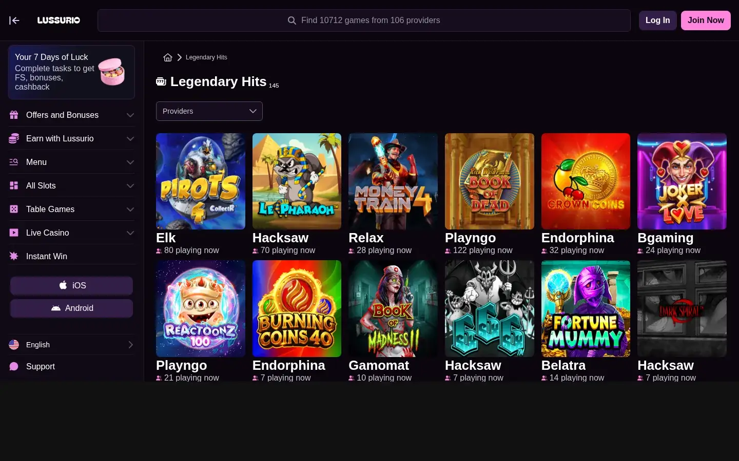 Lussurio's slot lobby with current releases and provider names