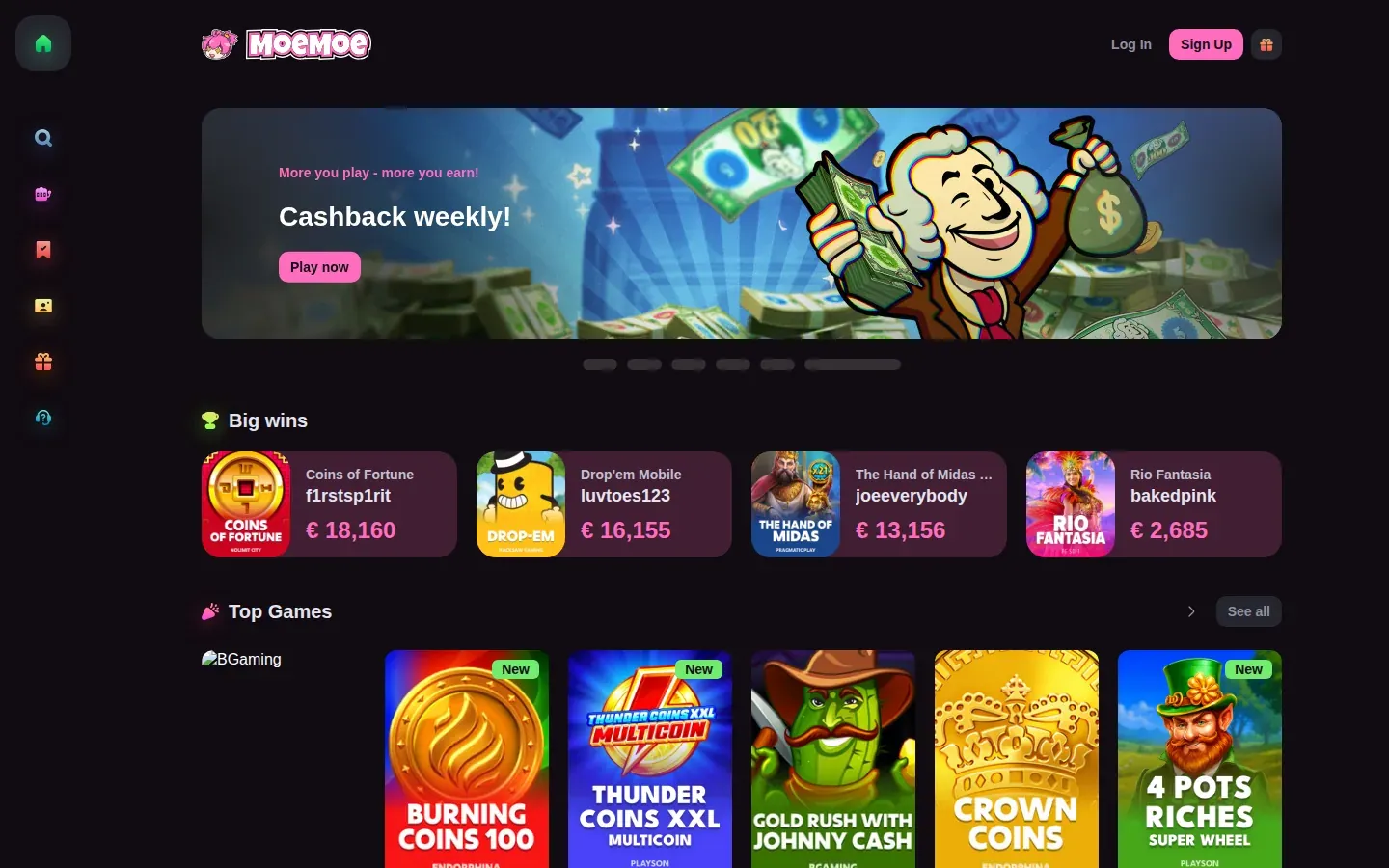 MoeMoe Casino Startseite mit dem wöchentlichen Cashback-Banner und dem Big-Wins-Ticker
