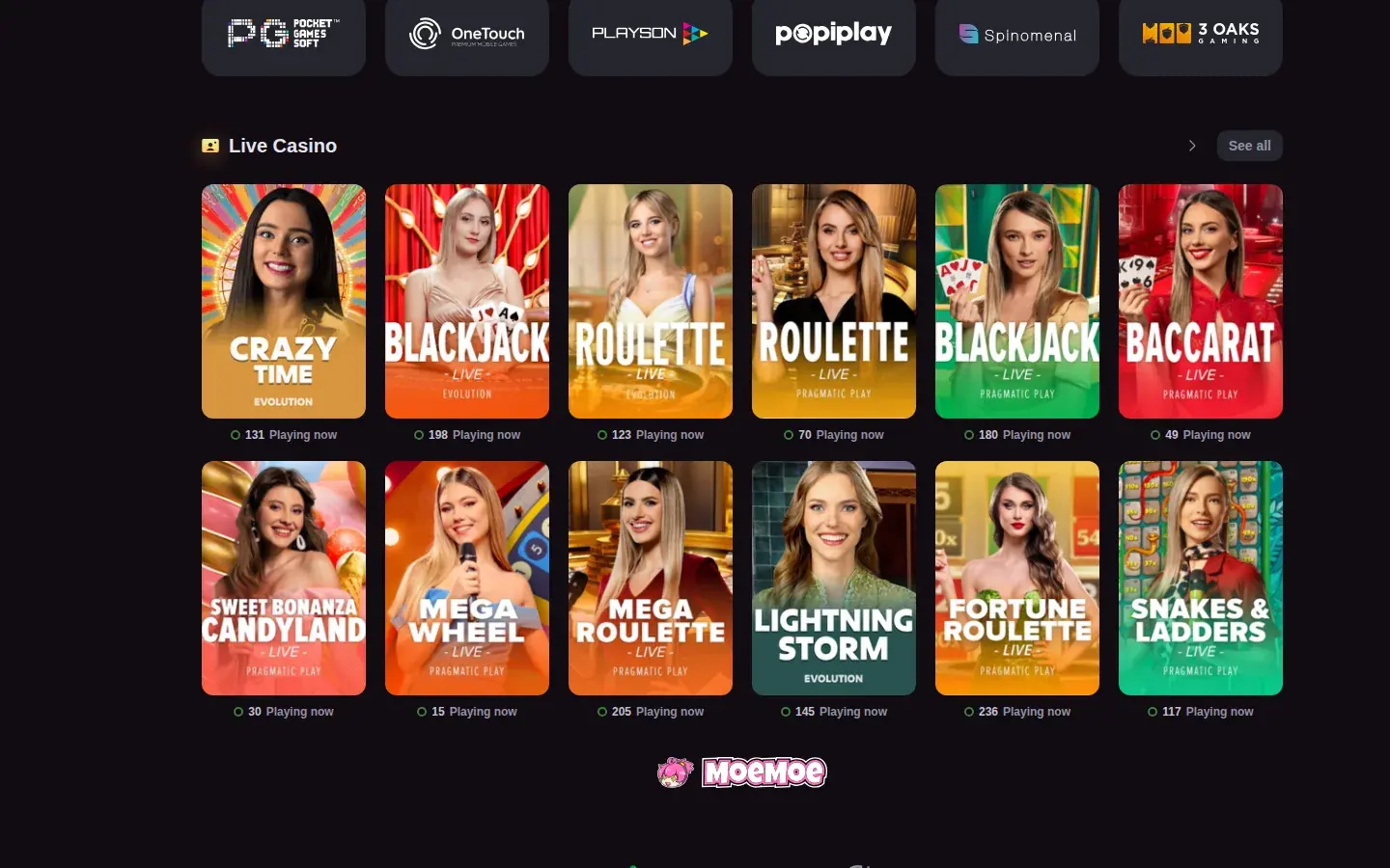 Provider-Reihe und Live-Casino-Bereich von Evolution und Pragmatic Play Live