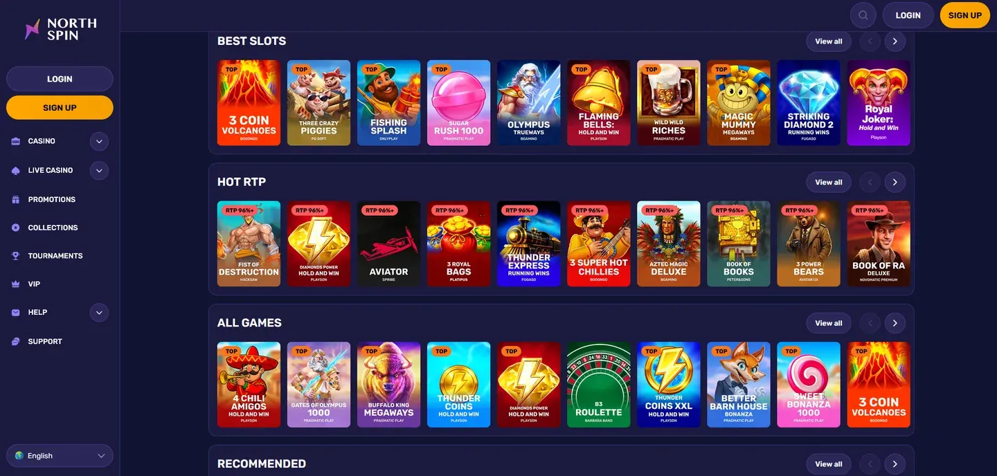 NorthSpin slots lobby showing current titles with provider names and RTP labels