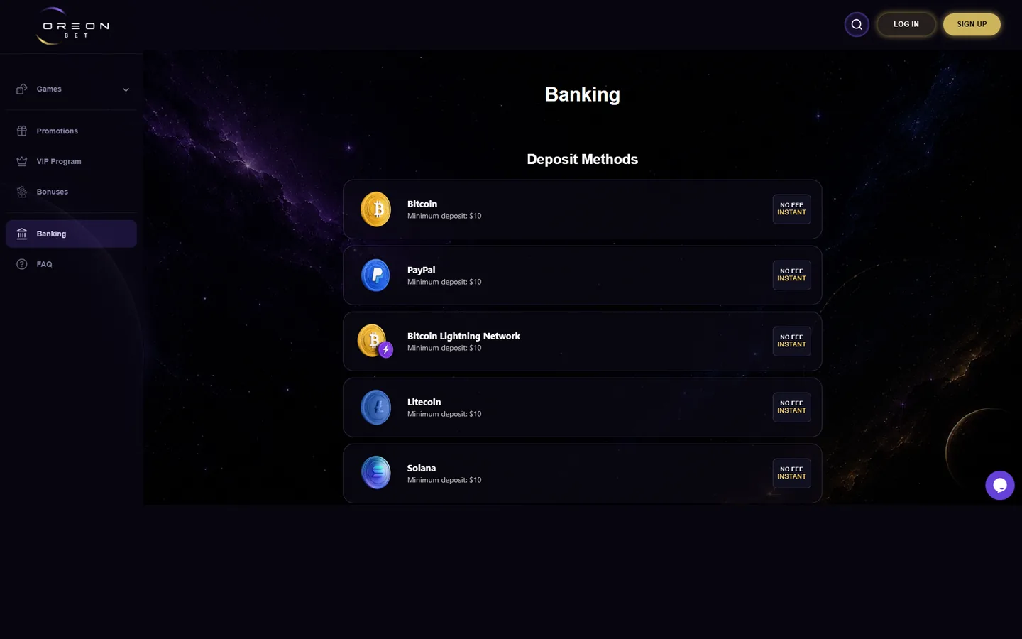 OreonBets banksida med insättningsvägar för Bitcoin, PayPal och Bitcoin Lightning