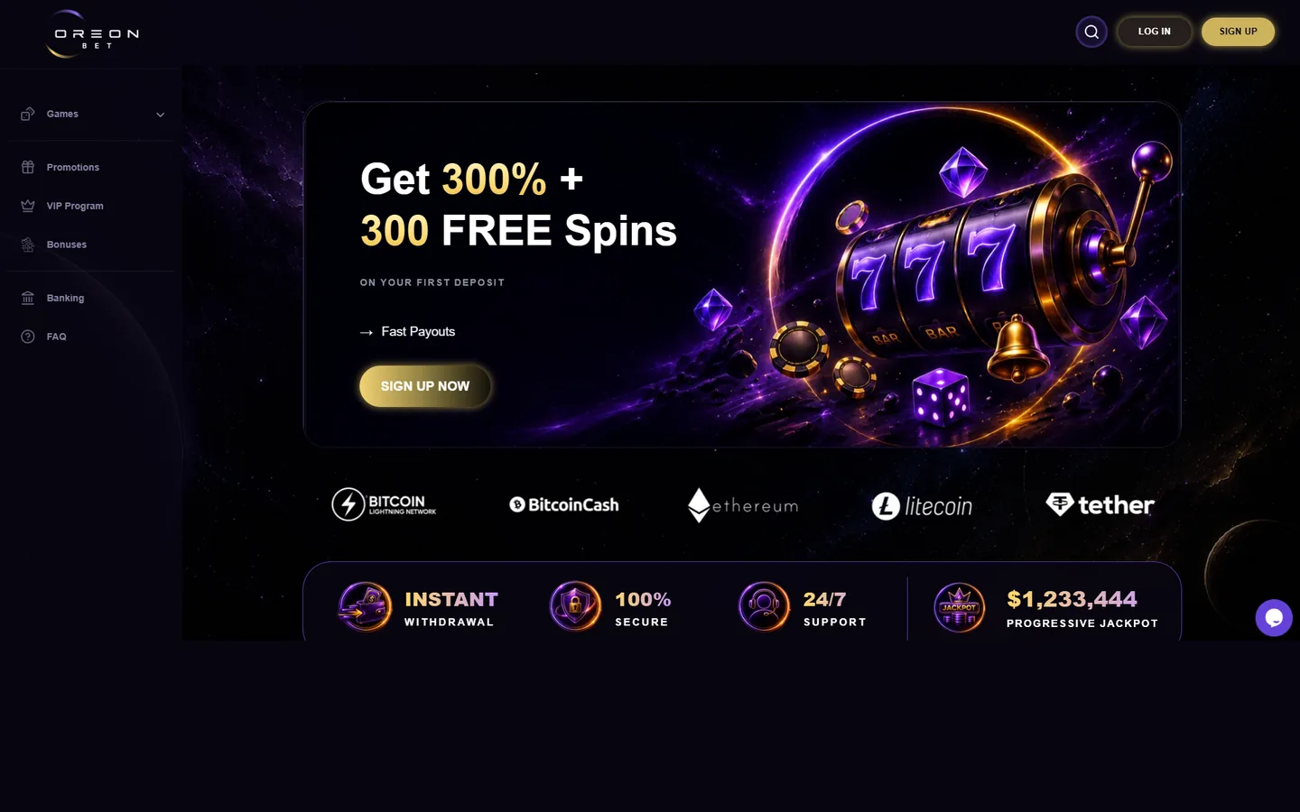 OreonBets startsida med välkomsterbjudandet på 300 procent plus 300 free spins
