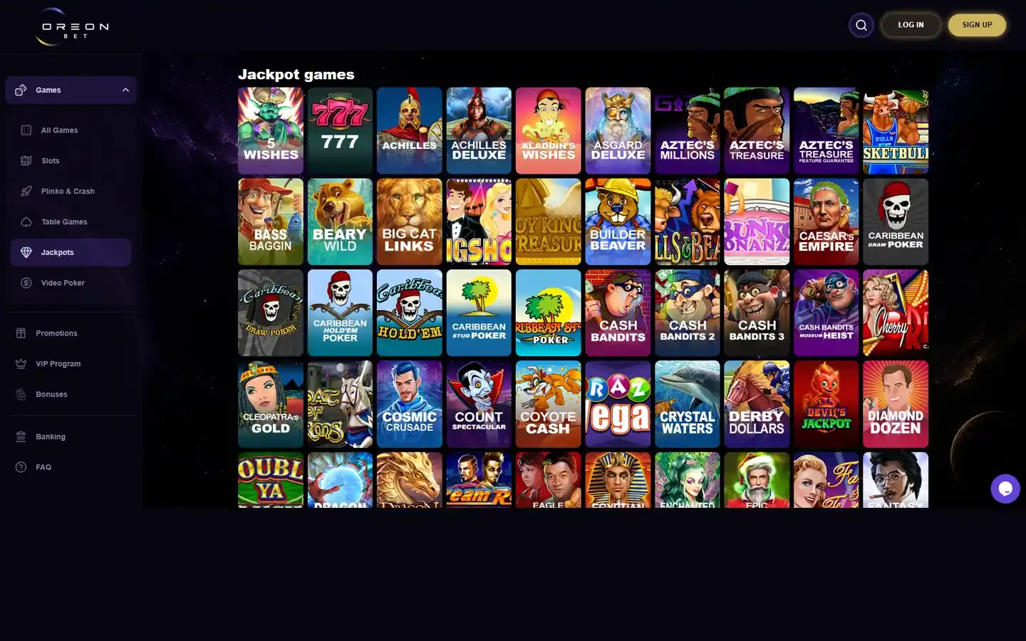 OreonBets jackpottlobby med Achilles, Aladdin's Wishes, Aztec's Millions och andra RTG-jackpottitlar