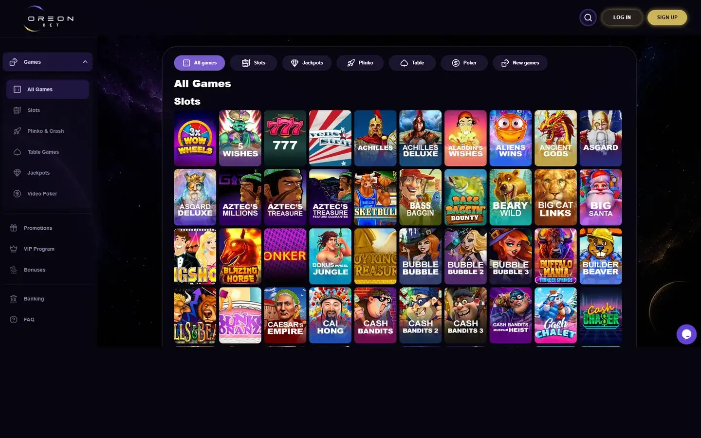 OreonBets slotslobby med speltitlar från Real Time Gaming