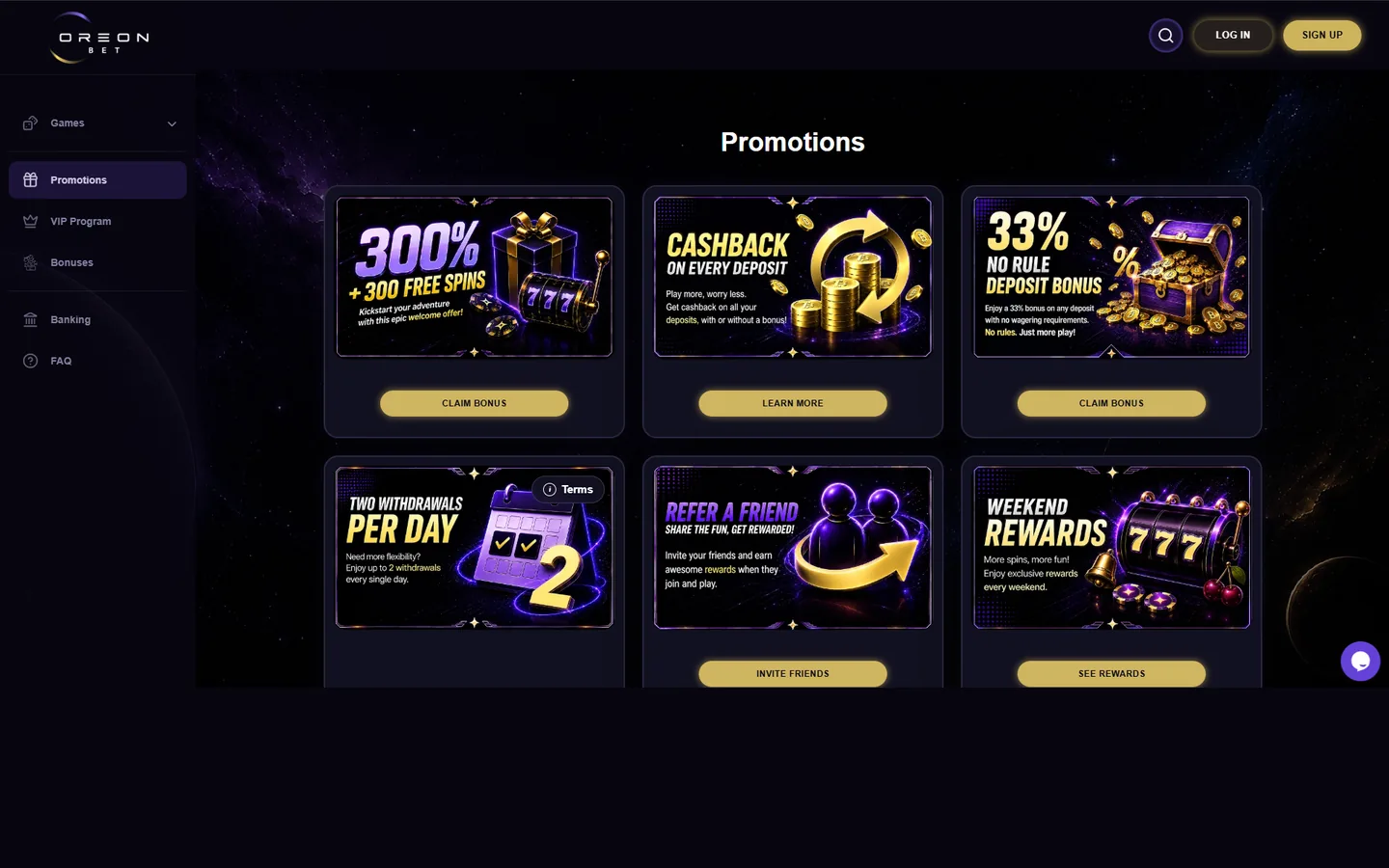 OreonBets kampanjsida med sex erbjudanden, bland annat 300 procents välkomstbonus, cashback och 33 procents no rule-bonus