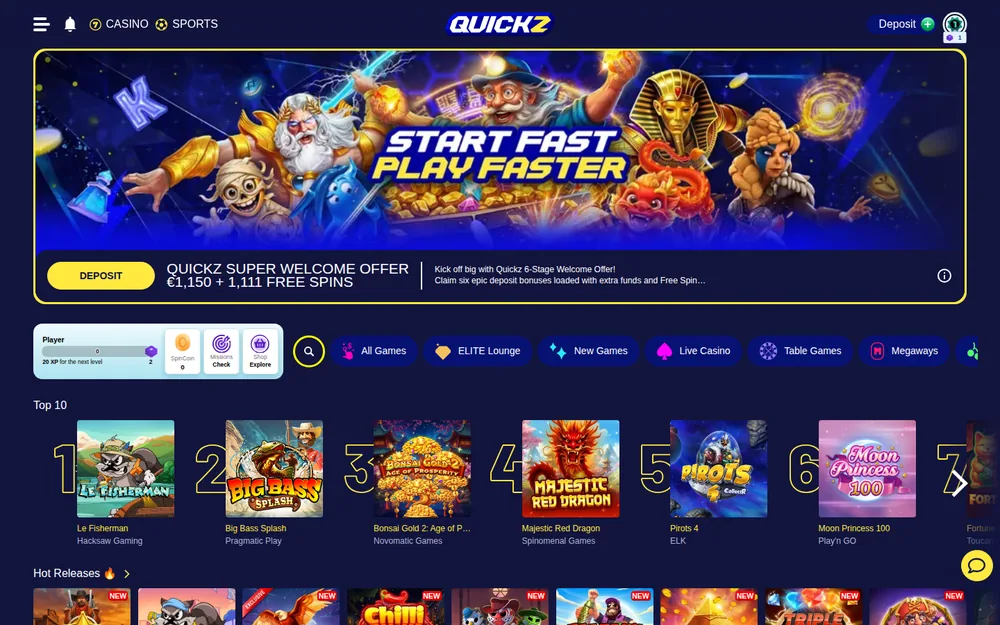 Quickz Casino Startseite mit dem Super-Welcome-Offer-Banner und den Top-10-Spielen