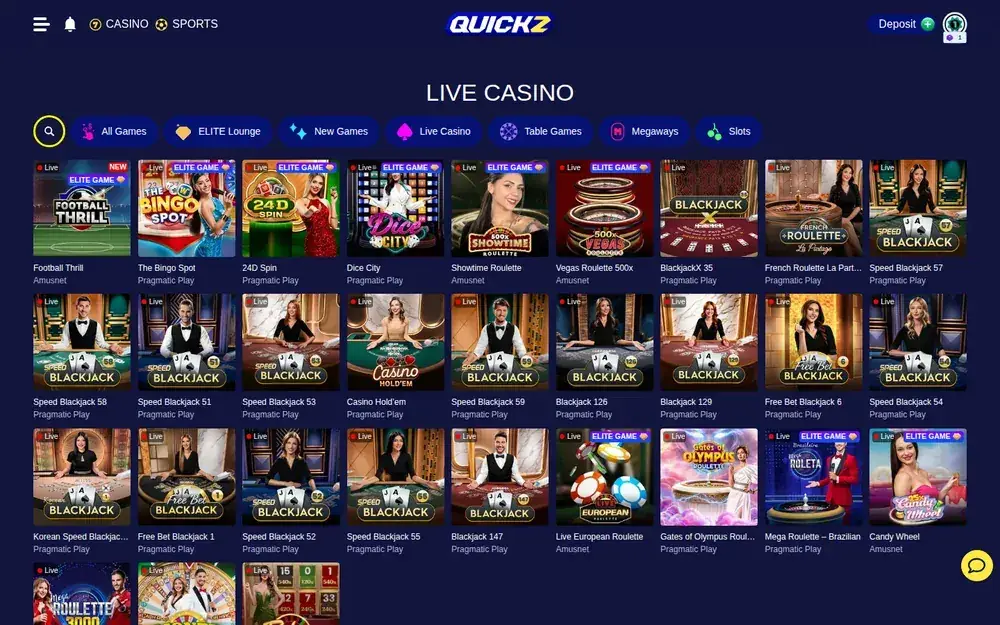 Quickz Live-Casino-Lobby mit Blackjack- und Roulette-Tischen von Pragmatic Play Live