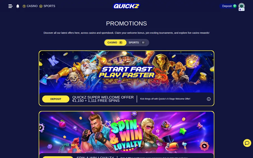 Quickz Aktionsseite mit dem sechsstufigen Willkommensangebot und dem Spin & Win Treue-Banner