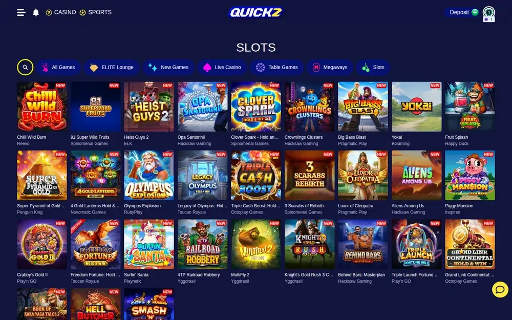 Quickz Casino Slots-Lobby mit neuen Releases von Hacksaw, ELK und Novomatic
