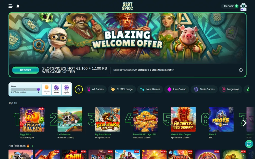 SlotSpice Casino Startseite mit dem Blazing-Welcome-Offer-Banner und den Top-10-Spielen