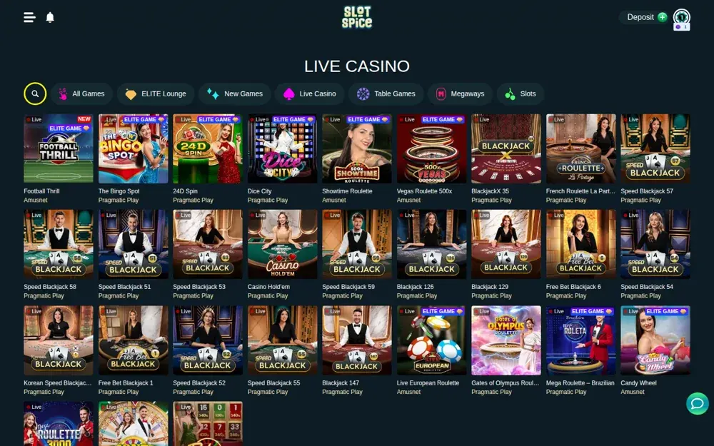 SlotSpice Live-Casino-Lobby mit Tischen von Pragmatic Play Live