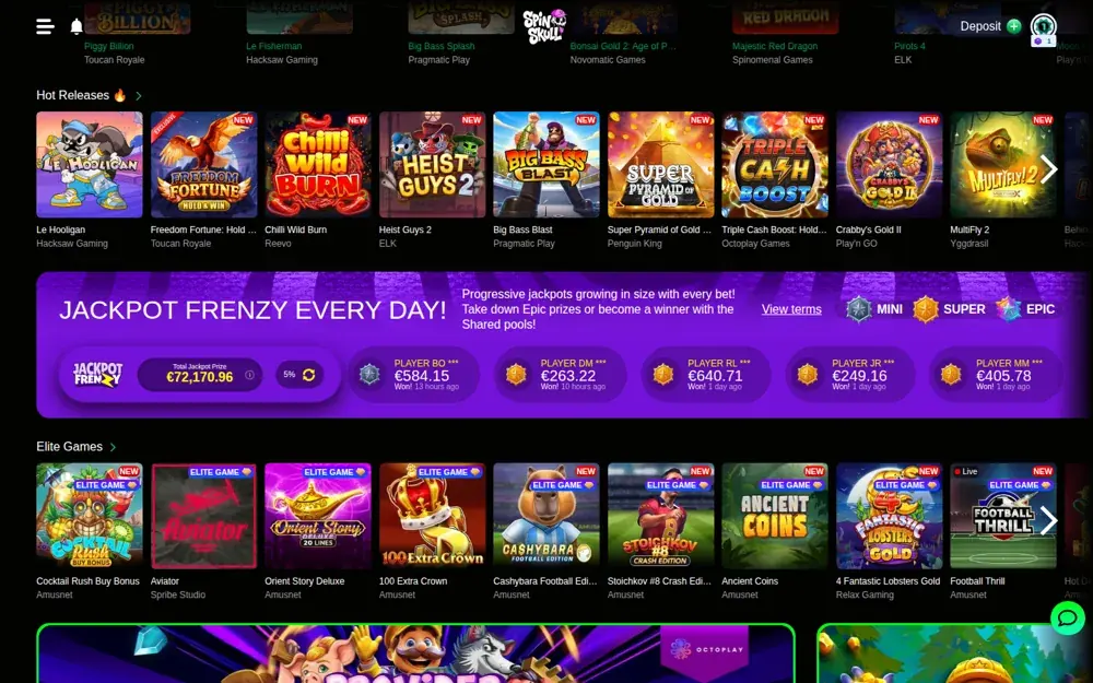SpinSkull Jackpot-Frenzy-Banner und ELITE-Games-Regal