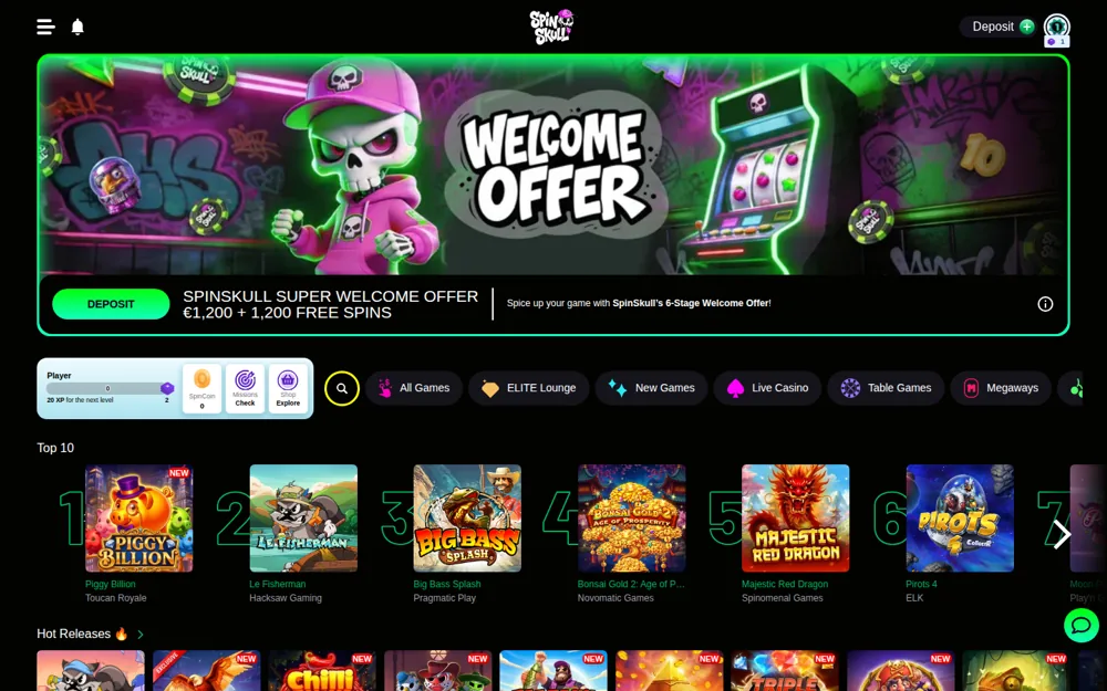 SpinSkull Casino Startseite mit dem Skelett-Maskottchen-Willkommensbanner und den Top-10-Spielen