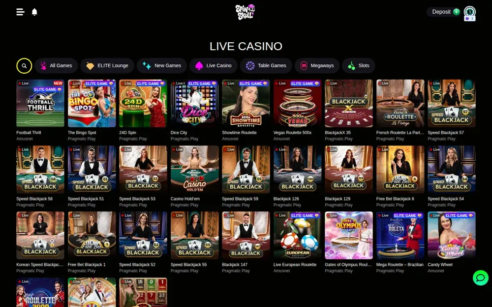 SpinSkull Live-Casino-Lobby mit Tischen von Pragmatic Play Live