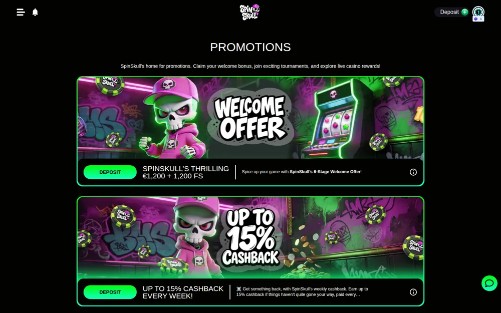 SpinSkull Aktionsseite mit dem Willkommensangebot und den 15-%-Cashback-Bannern