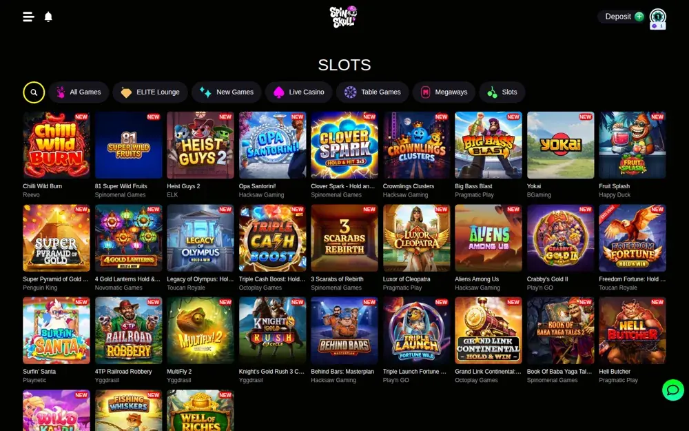 SpinSkull Slot-Lobby mit neuen Titeln von Hacksaw, ELK, Novomatic und Octoplay